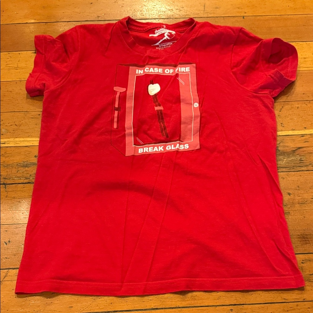 Threadless Red Women’s Graphic Tee – “In Case of Fire, Break Glass” Design
